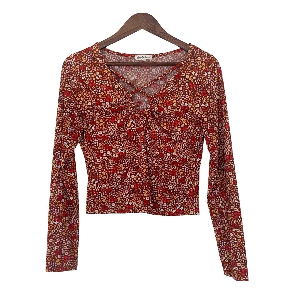 Derek Heart Women Top Size L Orange Red Floral Crisscross Neck Ruched Bust